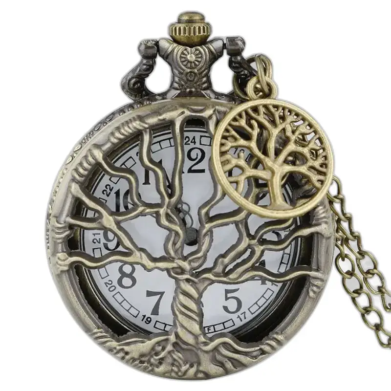 Vintage halskæde dame lommeur med bronze træ design