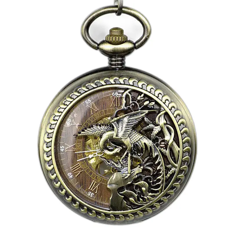 Phoenix Skeleton lommeur i rustfrit stål med udsmykket bronzedesign