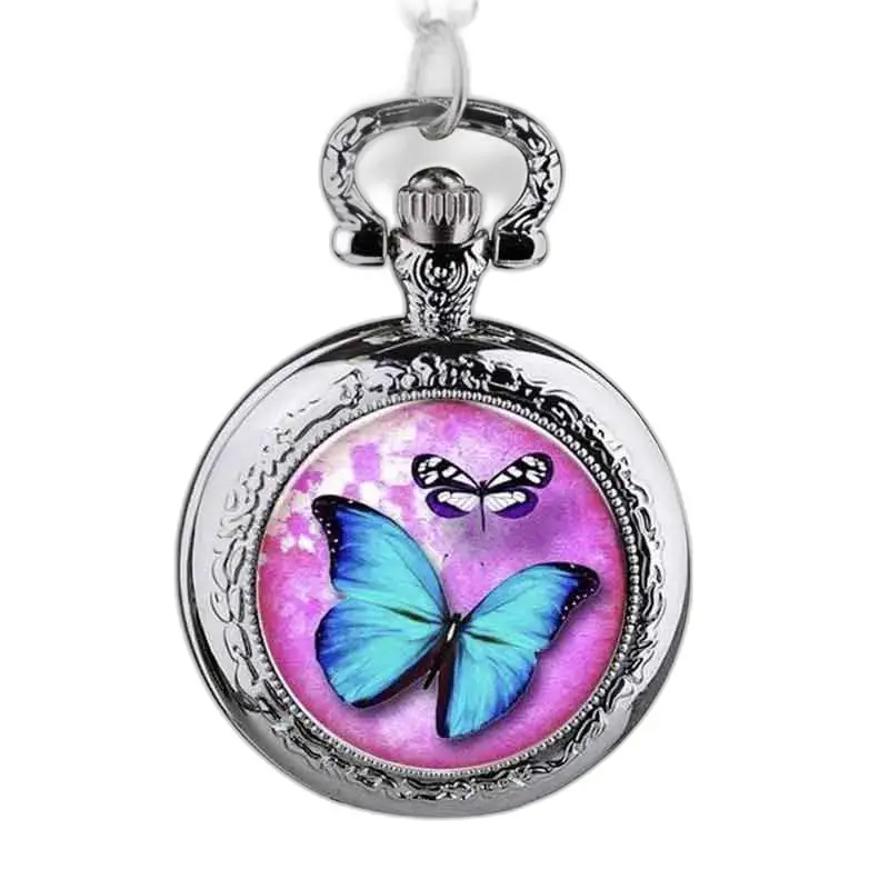 Pink og blå Butterfly Halskæde Ur med sølv sommerfugl design
