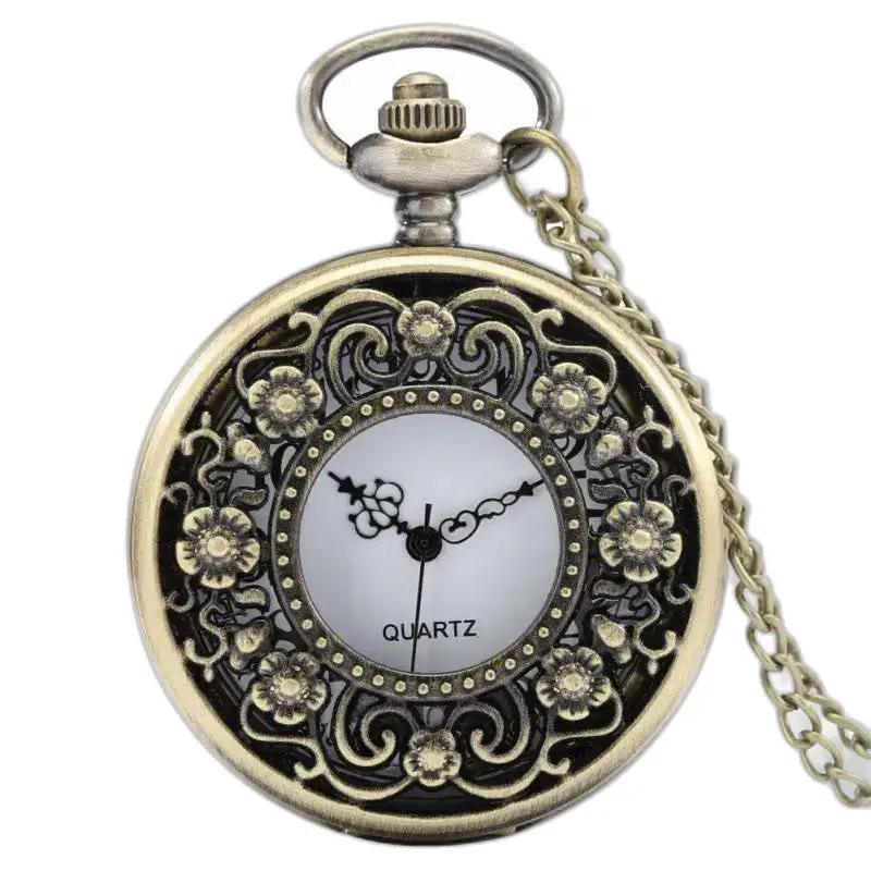 Retro vintage blomster udsmykket bronze halskæde ur med elegant kæde
