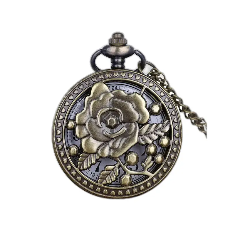 Vintage Rose Flower Bronze Halskæde Ur med en delikat roseformet urskive