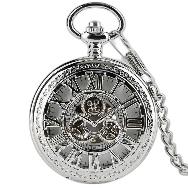Luksus Silver Diamond Gusset lommeur med kæde, elegant skeletdesign