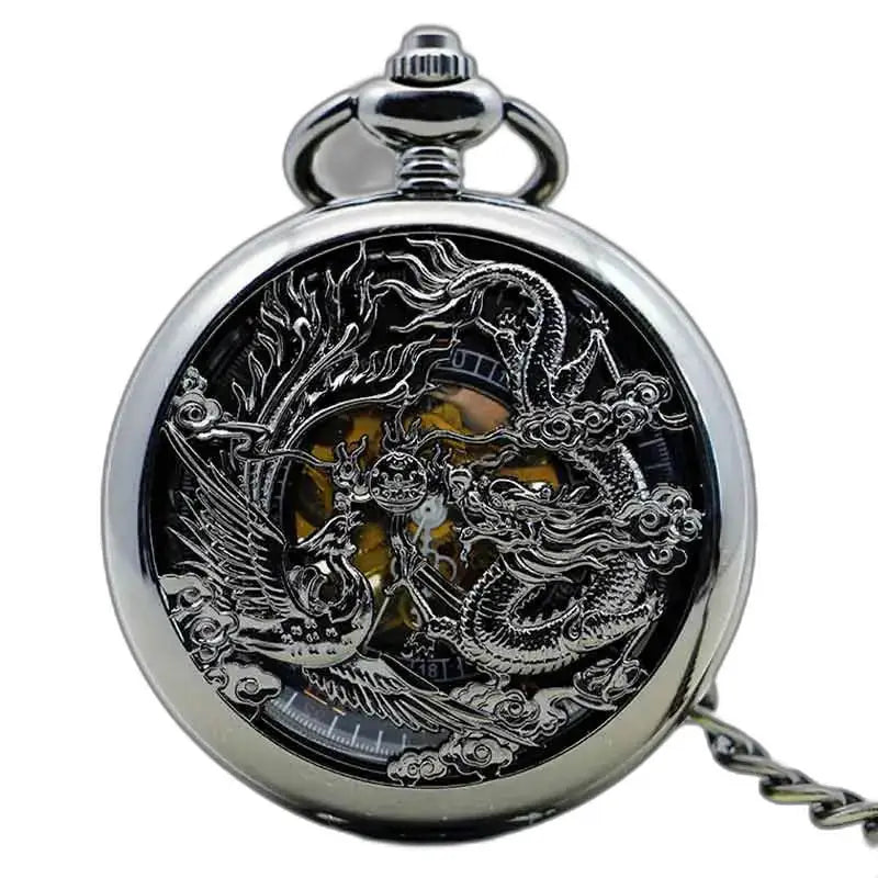 Steampunk Erbium Luxe Gusset lommeur med drage og phoenix design i sølv