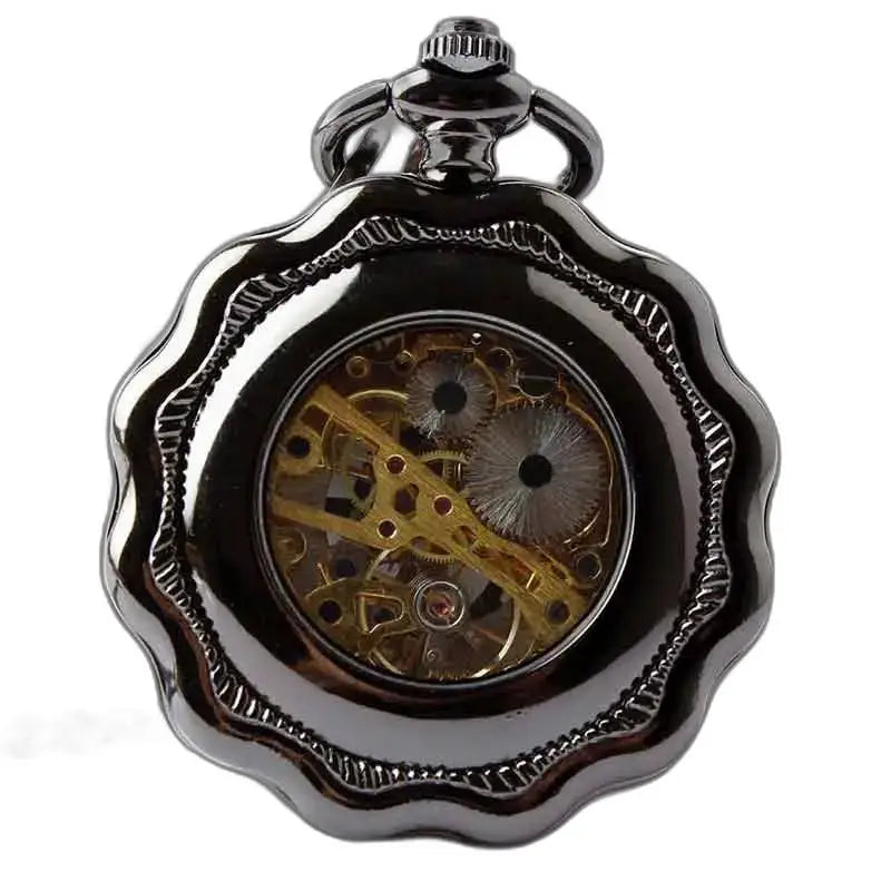 Steampunk Platinum Gusset lommeur med et slankt, mekaniseret sort design