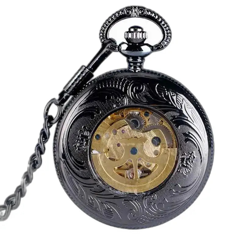 Steampunk Rhodium Gusset lommeur med udsmykket design i sort