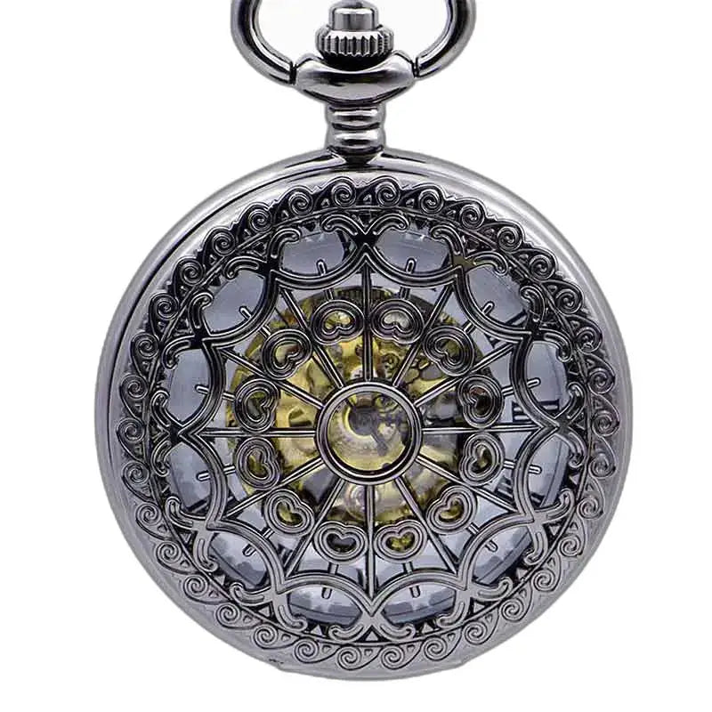 Steampunk nikkelsølv lommeur med synlig mekanisme i udsmykket sølv