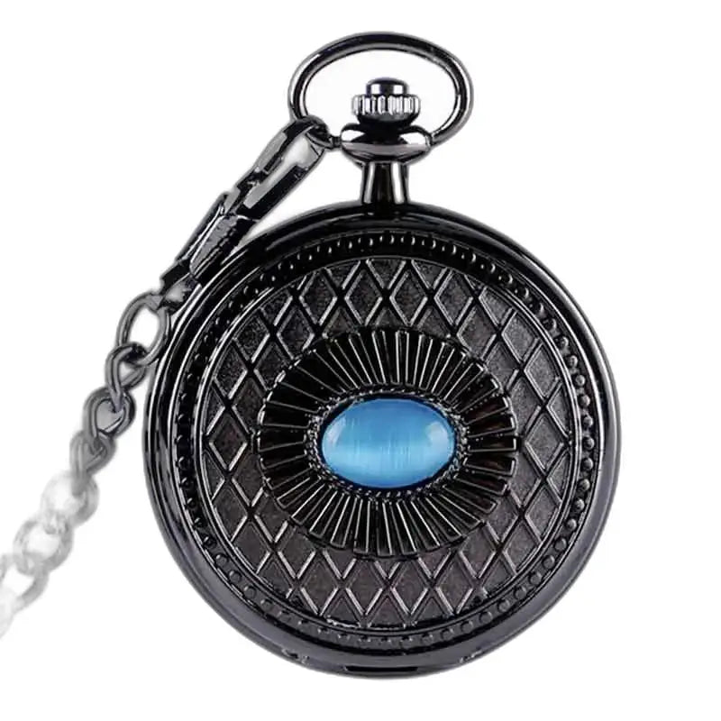 Mekanisk steampunk lommeur med blå safir og elegant sort urkasse