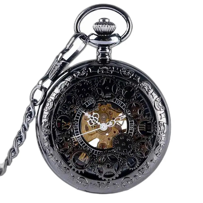 Steampunk lommeur med synlig mekanisme og elegant sort kæde