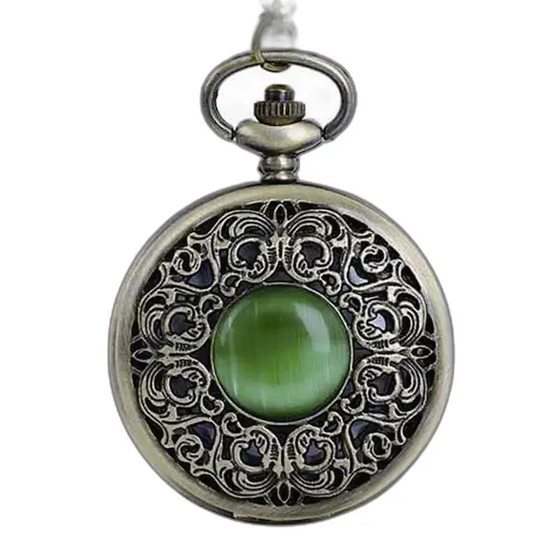 Bronze vedhængsur med grøn sten med quartz urværk, elegant udsmykket design