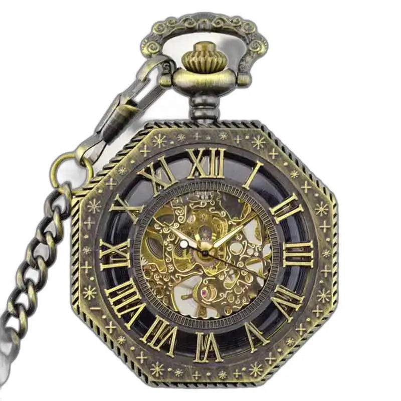 Steampunk herre bronze lommeur med kæde og skelet mekanisme