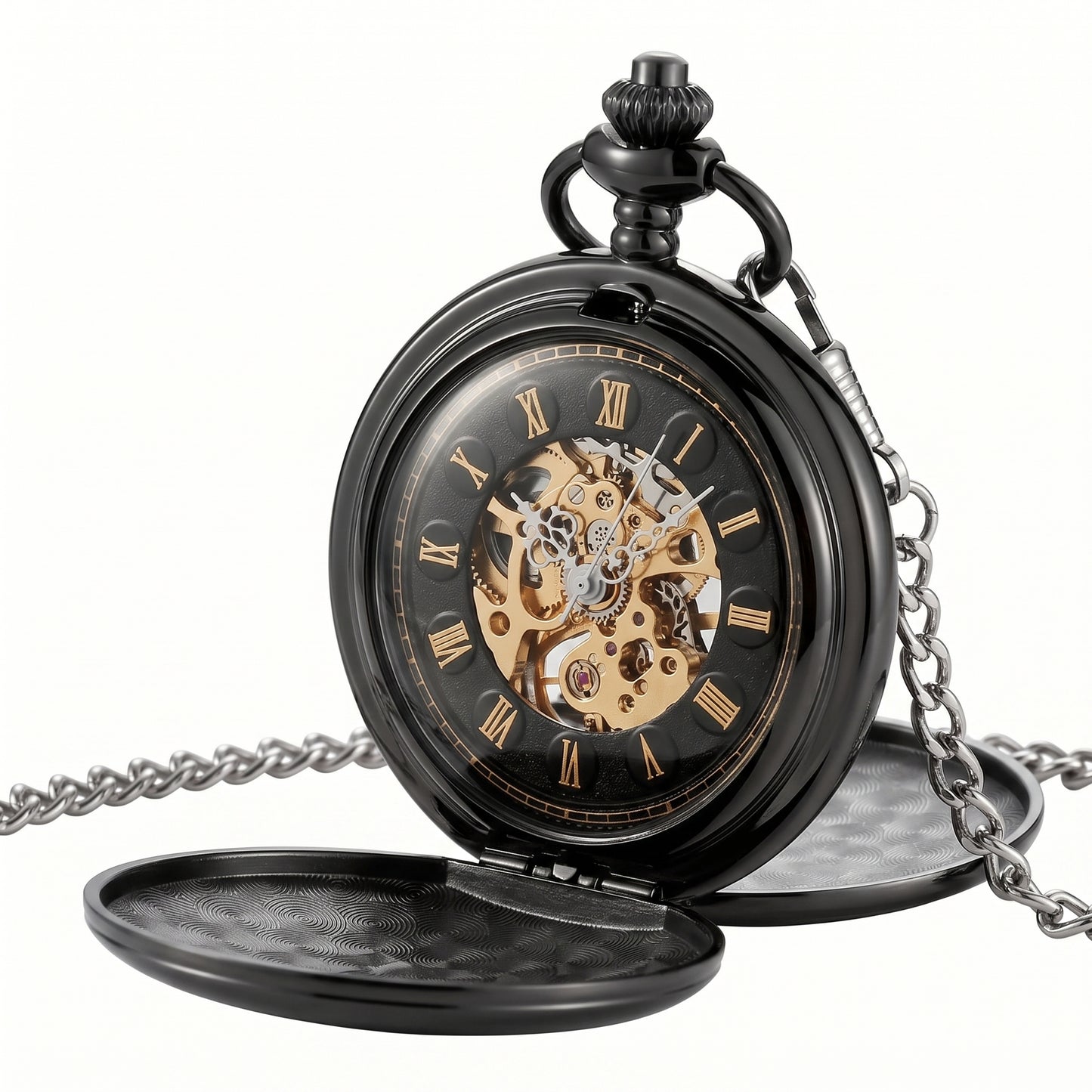 Montre à Gousset Mécanique Chasseur Homme coloris noir, boîtier ouvert sur fond blanc, cadran squelette et chiffres romains
