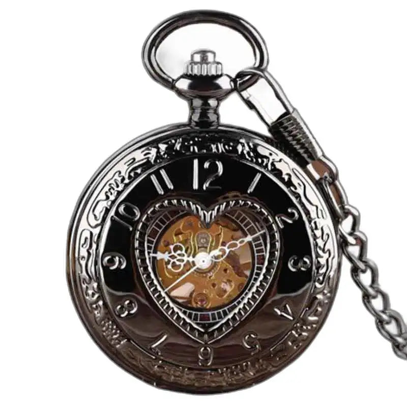 Montre Gousset Femme avec Mécanisme Manuel, montre gousset noire en cœur avec mécanisme visible