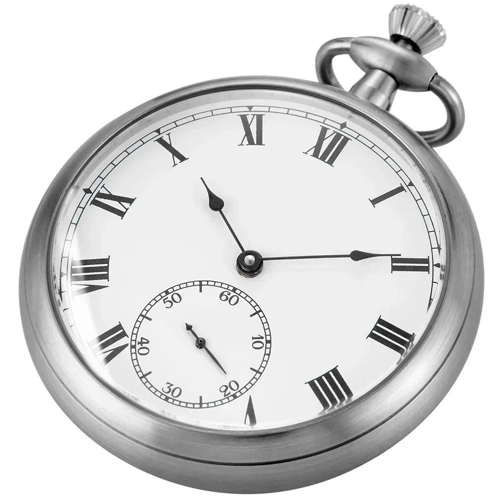 Montre à Gousset Mécanique Open Face Homme, packshot fond blanc, cadran blanc à chiffres romains